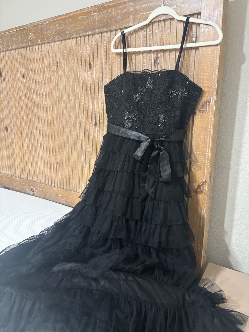 Black Tiered Tulle Cocktail Dress with Satin Waist Tie